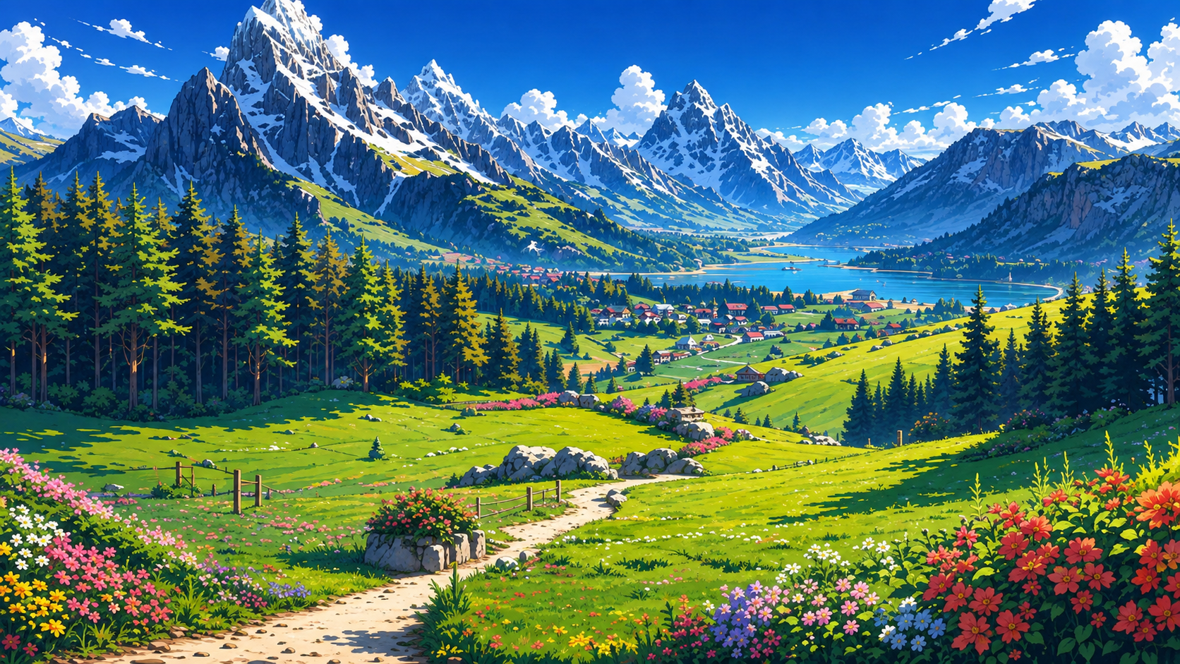 Alpine valley of wildflower meadows, pine forest, and a lakeside village below snow-capped peaks